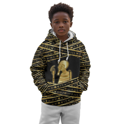 Egyptian God Ptah Kid Hoodie Gold Mummy Wrap Hieroglyphics Patterns