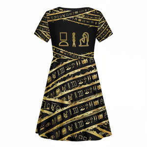 Egyptian God Ptah Kid Short Sleeve Dress Gold Mummy Wrap Hieroglyphics Patterns