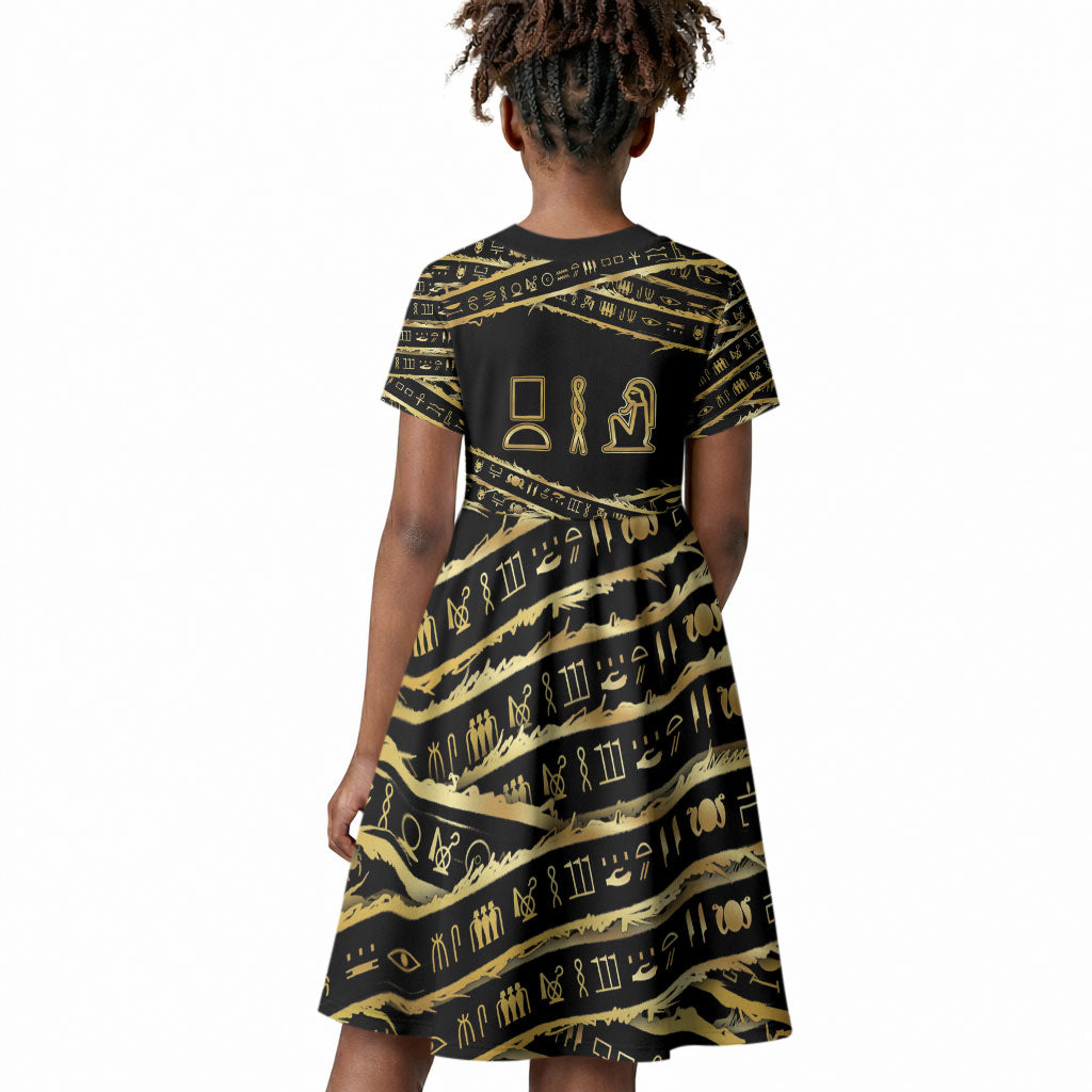 Egyptian God Ptah Kid Short Sleeve Dress Gold Mummy Wrap Hieroglyphics Patterns