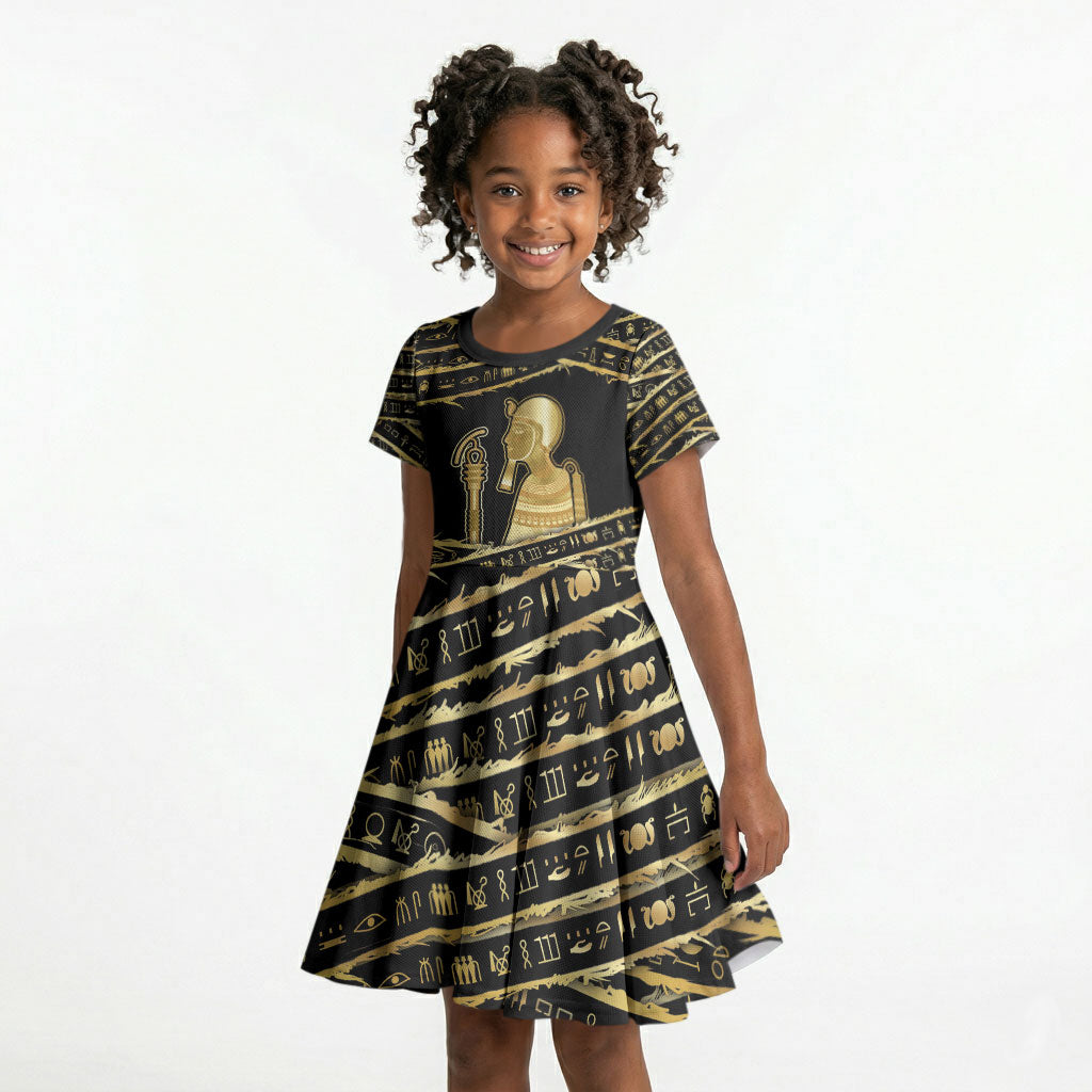 Egyptian God Ptah Kid Short Sleeve Dress Gold Mummy Wrap Hieroglyphics Patterns