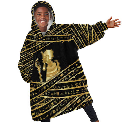 Egyptian God Ptah Kid Wearable Blanket Hoodie Gold Mummy Wrap Hieroglyphics Patterns