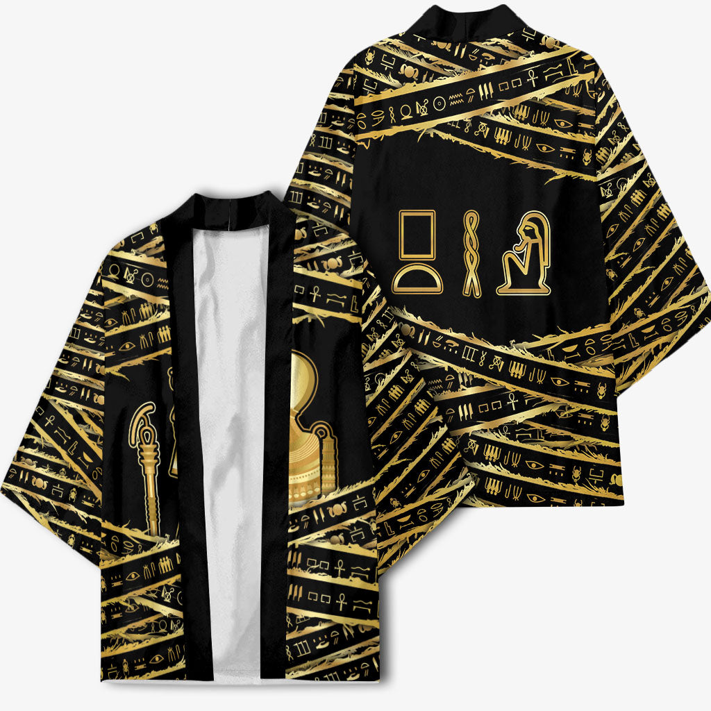 Egyptian God Ptah Kimono Gold Mummy Wrap Hieroglyphics Patterns