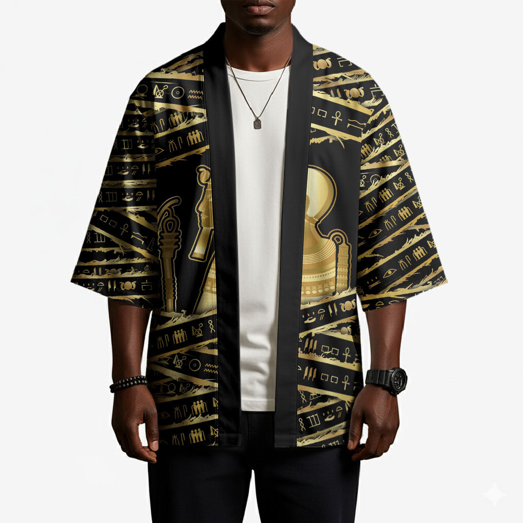 Egyptian God Ptah Kimono Gold Mummy Wrap Hieroglyphics Patterns