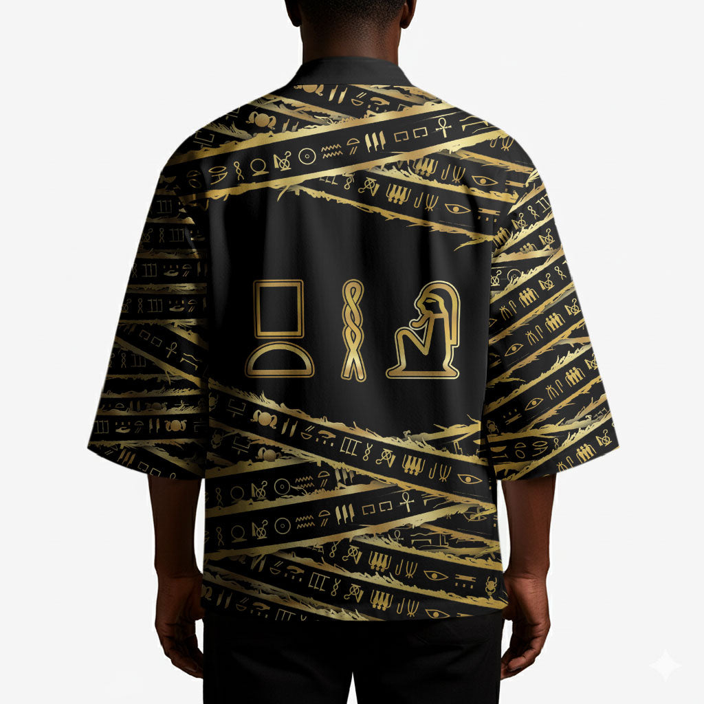 Egyptian God Ptah Kimono Gold Mummy Wrap Hieroglyphics Patterns