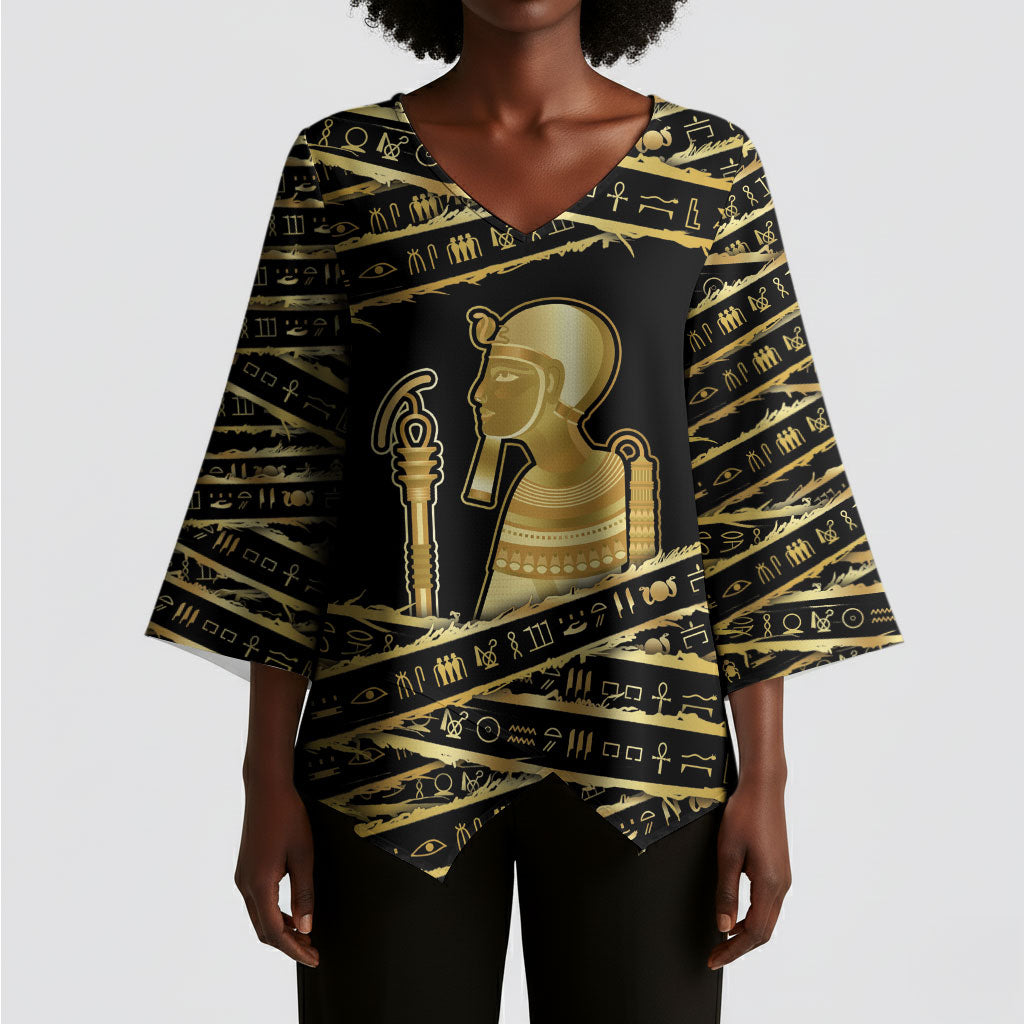 Egyptian God Ptah Kimono Sleeve Blouse Gold Mummy Wrap Hieroglyphics Patterns