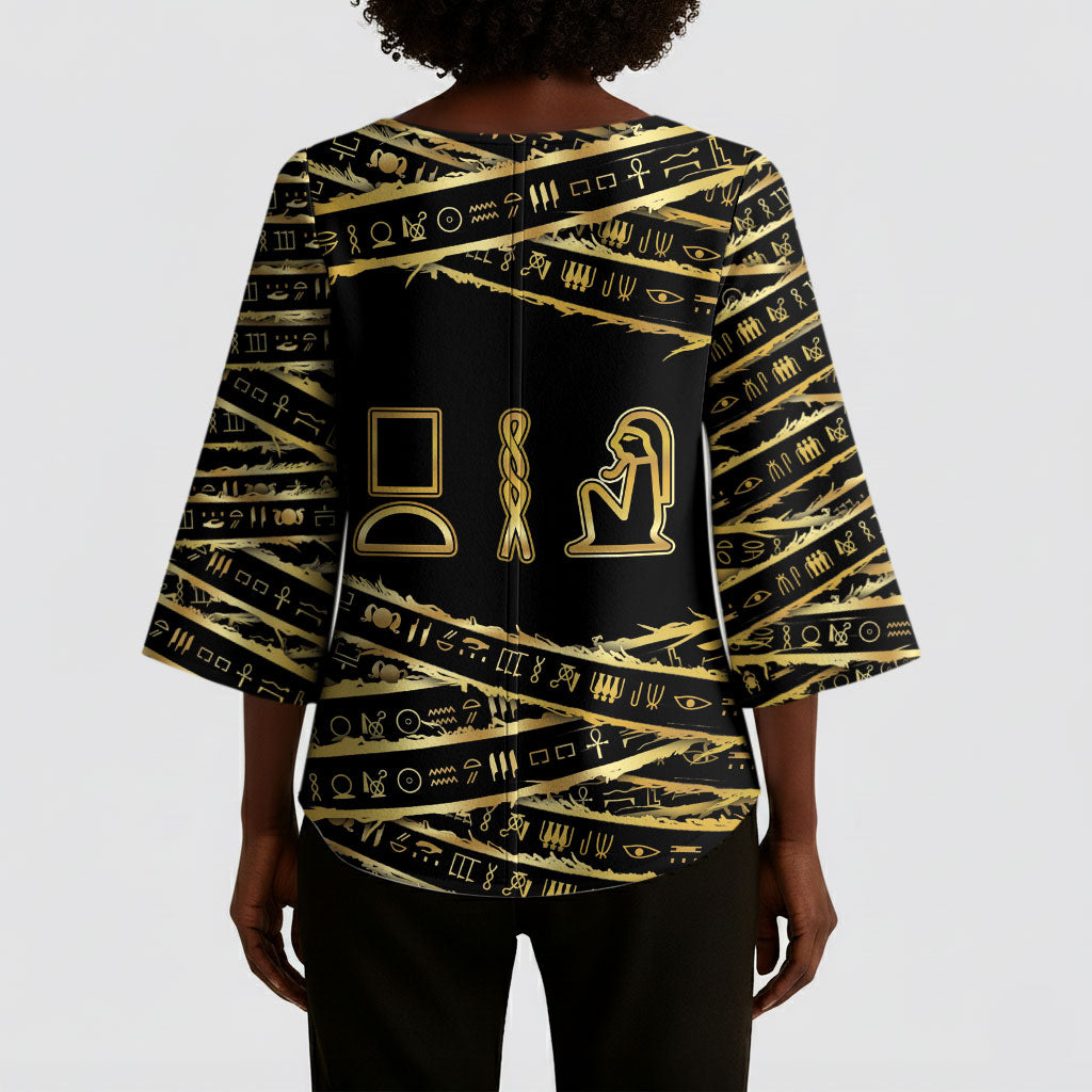 Egyptian God Ptah Kimono Sleeve Blouse Gold Mummy Wrap Hieroglyphics Patterns