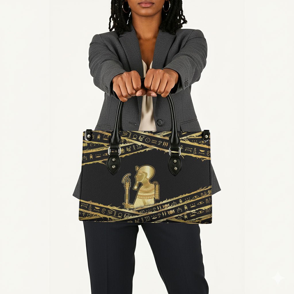 Egyptian God Ptah Leather Bag Gold Mummy Wrap Hieroglyphics Patterns