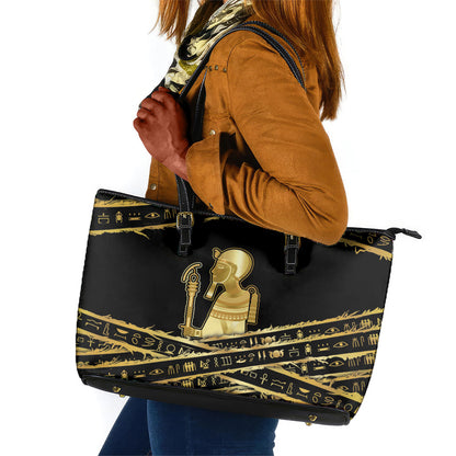 Egyptian God Ptah Leather Tote Bag Gold Mummy Wrap Hieroglyphics Patterns