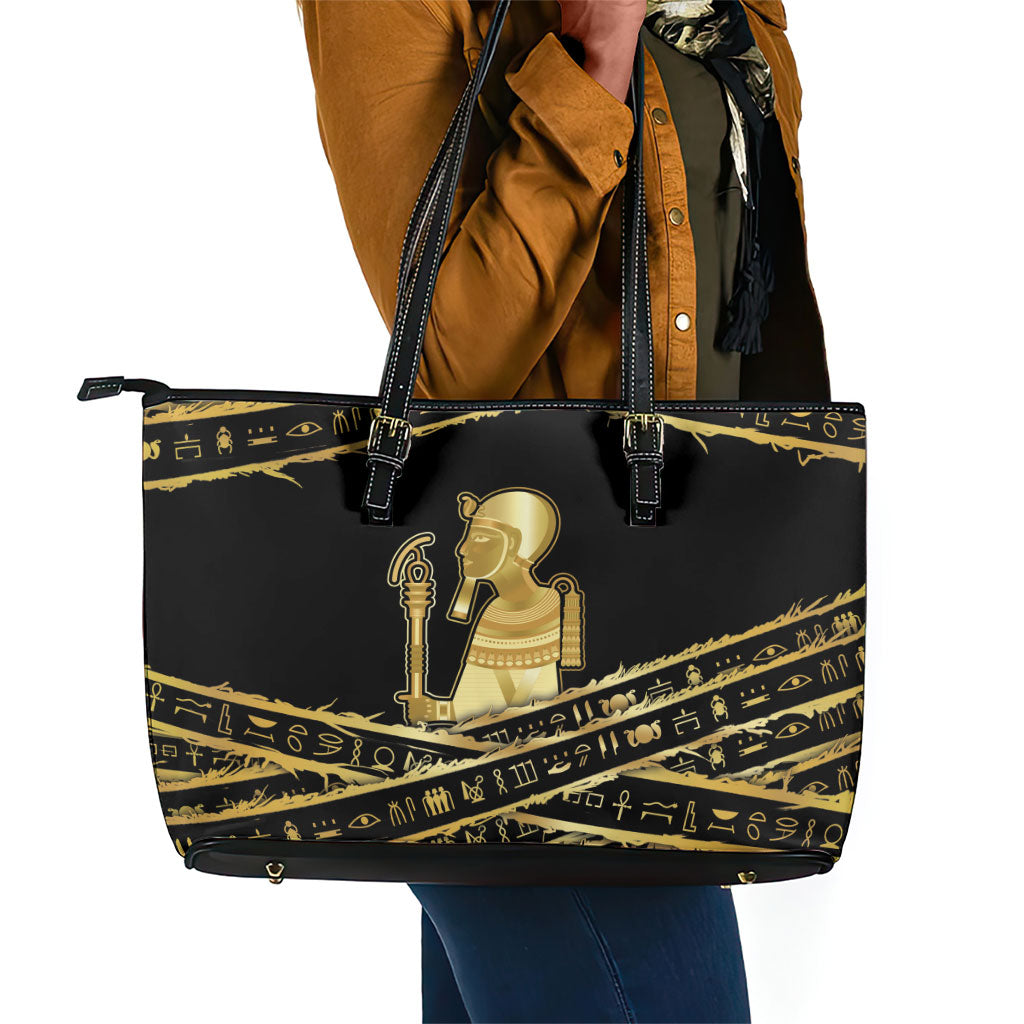 Egyptian God Ptah Leather Tote Bag Gold Mummy Wrap Hieroglyphics Patterns