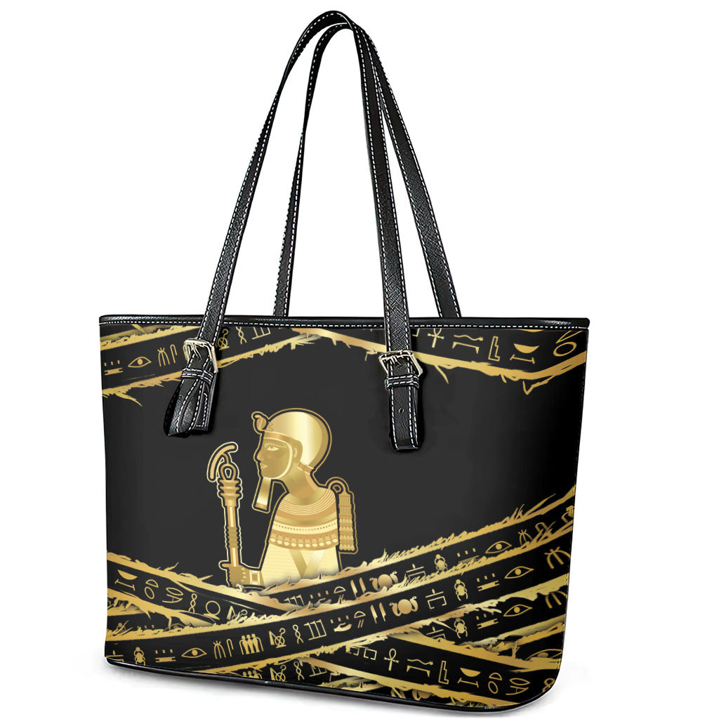 Egyptian God Ptah Leather Tote Bag Gold Mummy Wrap Hieroglyphics Patterns