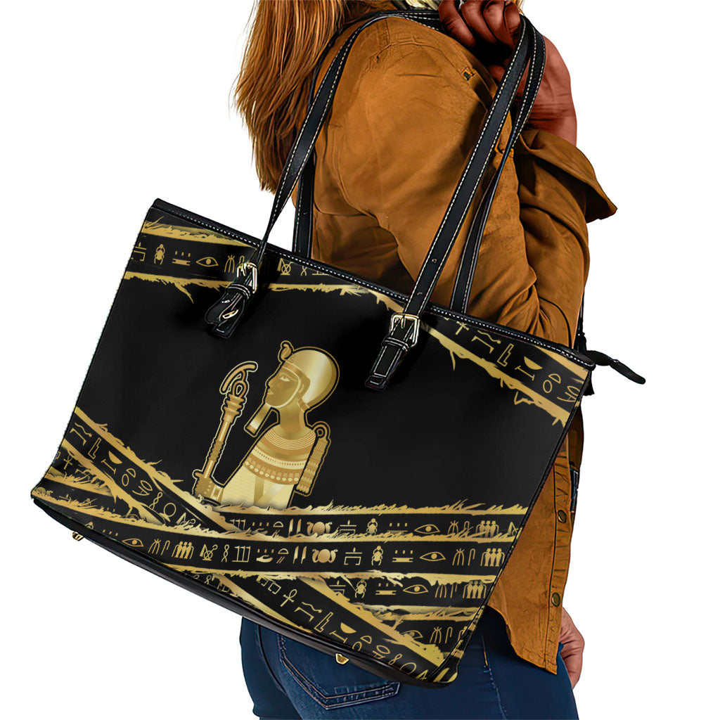 Egyptian God Ptah Leather Tote Bag Gold Mummy Wrap Hieroglyphics Patterns