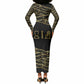 Egyptian God Ptah Long Sleeve Bodycon Dress Gold Mummy Wrap Hieroglyphics Patterns