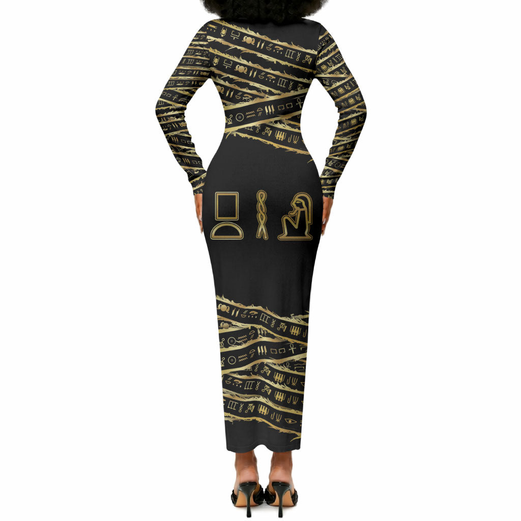 Egyptian God Ptah Long Sleeve Bodycon Dress Gold Mummy Wrap Hieroglyphics Patterns