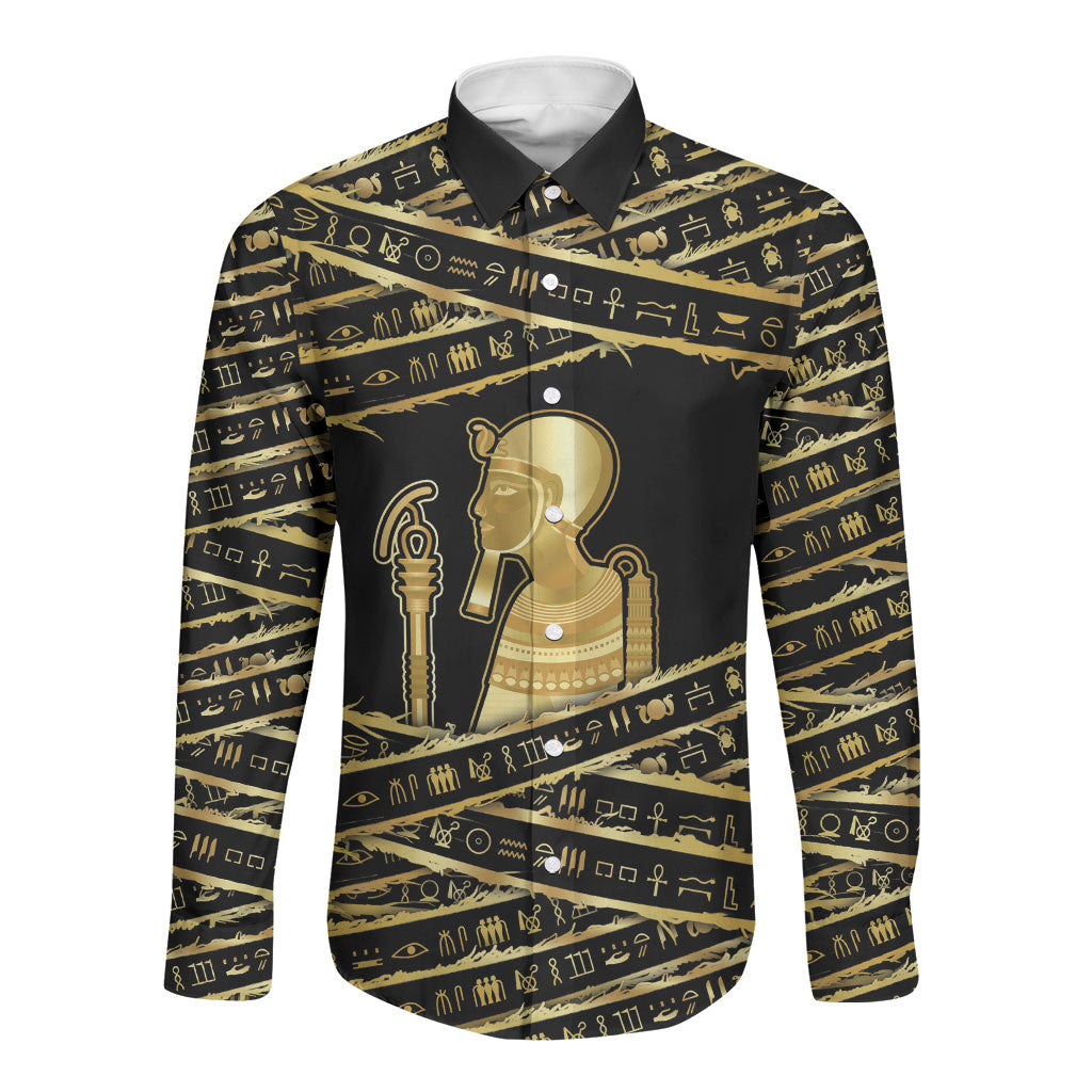 Egyptian God Ptah Long Sleeve Button Shirt Gold Mummy Wrap Hieroglyphics Patterns