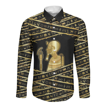 Egyptian God Ptah Long Sleeve Button Shirt Gold Mummy Wrap Hieroglyphics Patterns