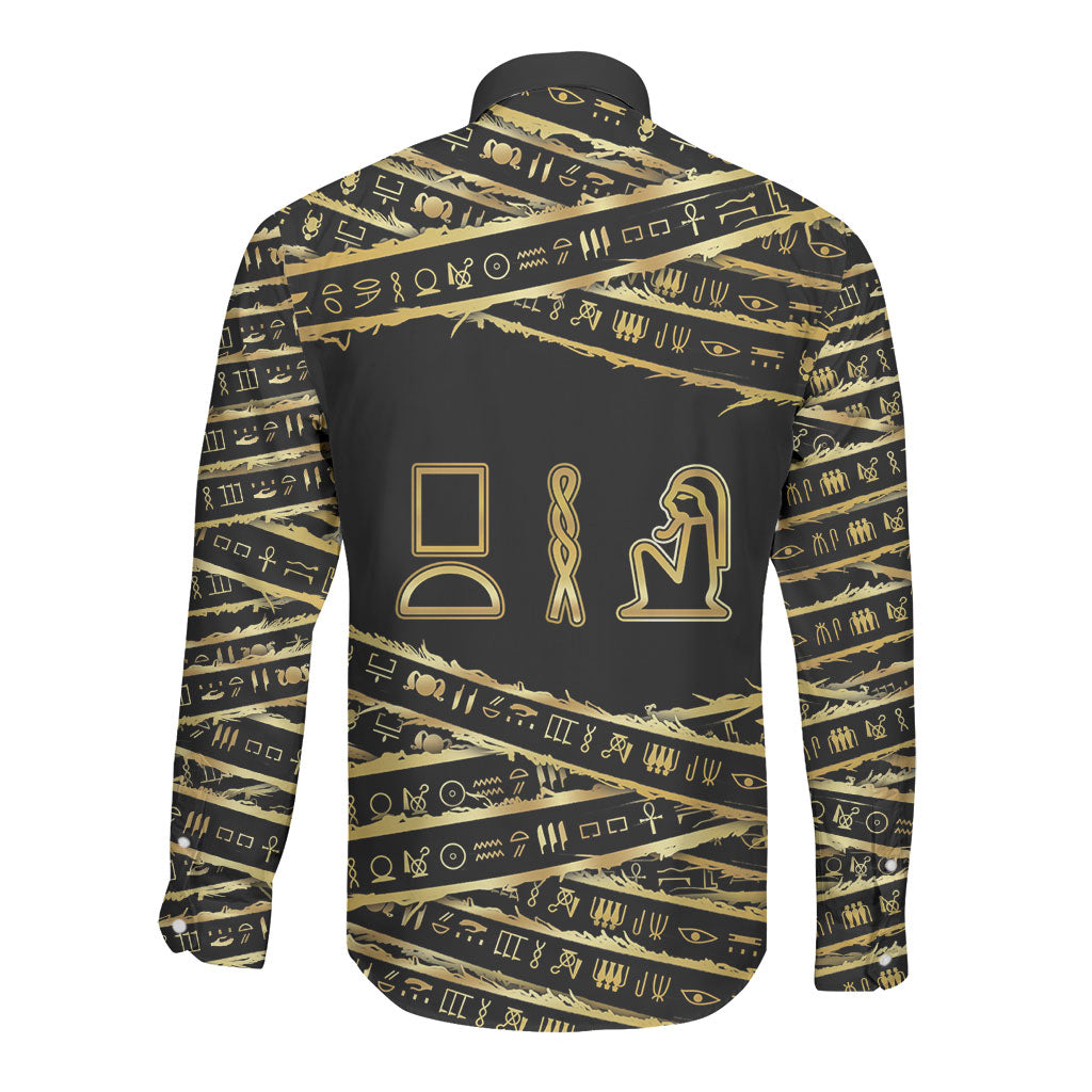 Egyptian God Ptah Long Sleeve Button Shirt Gold Mummy Wrap Hieroglyphics Patterns