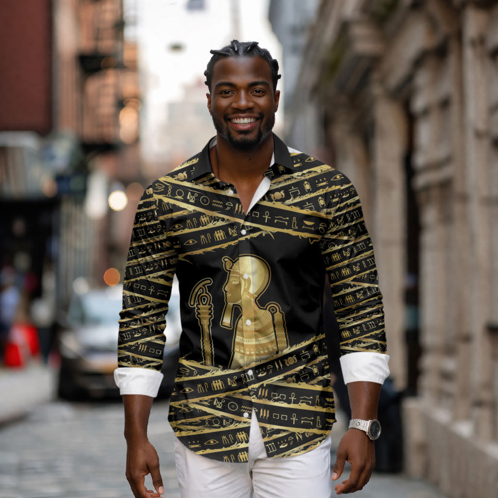 Egyptian God Ptah Long Sleeve Button Shirt Gold Mummy Wrap Hieroglyphics Patterns