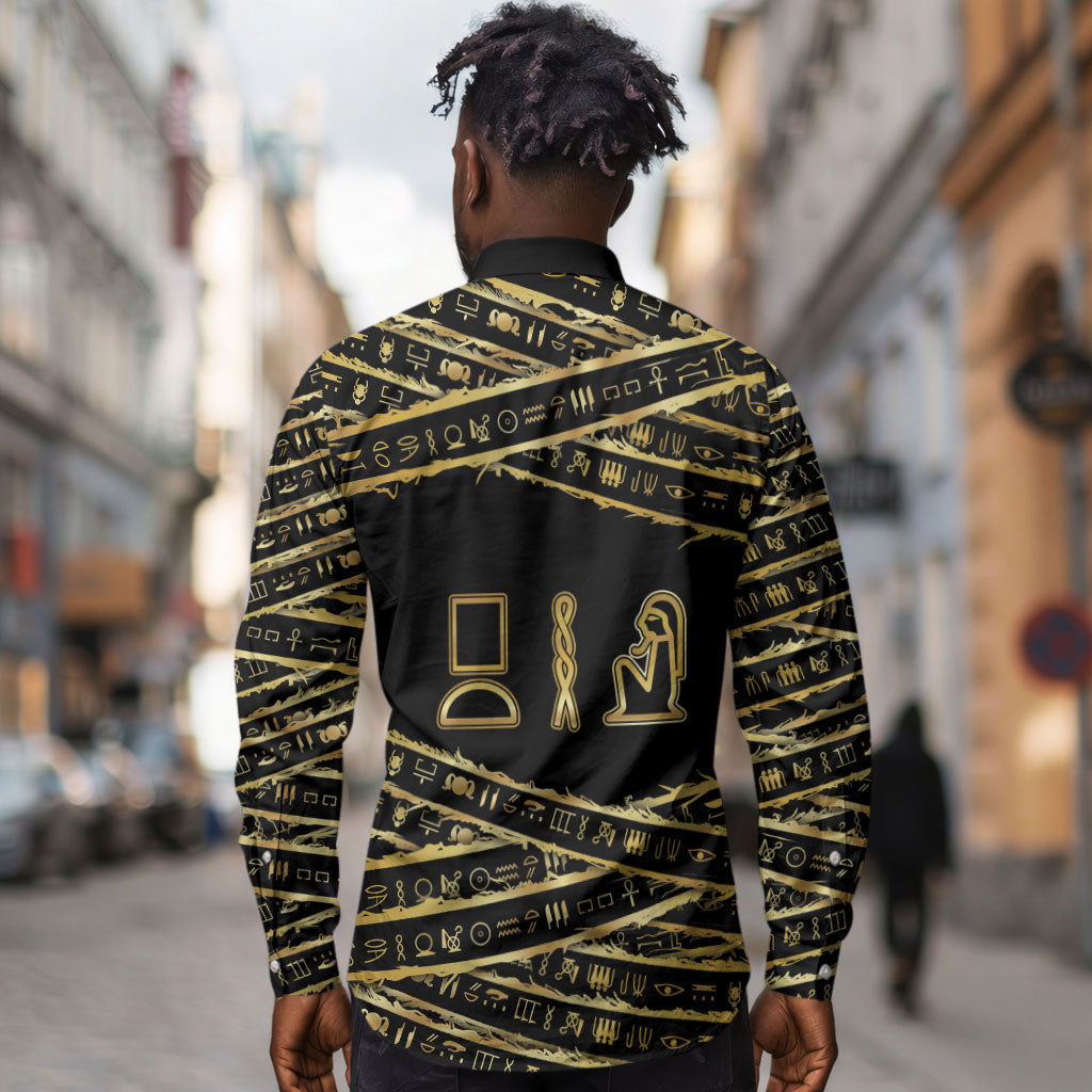 Egyptian God Ptah Long Sleeve Button Shirt Gold Mummy Wrap Hieroglyphics Patterns