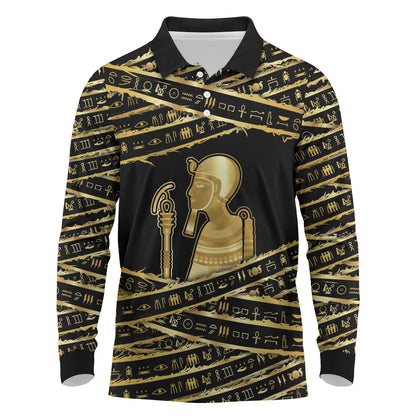 Egyptian God Ptah Long Sleeve Polo Shirt Gold Mummy Wrap Hieroglyphics Patterns