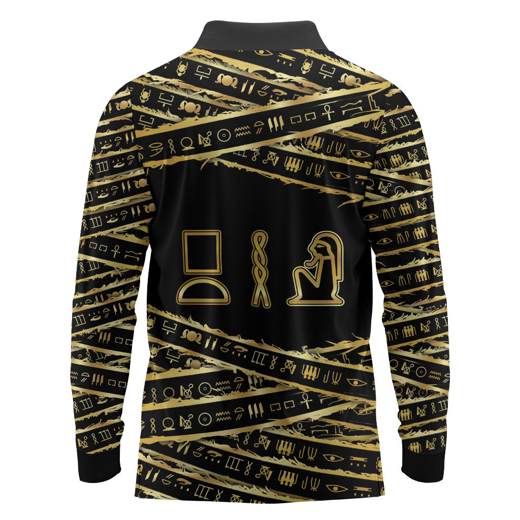 Egyptian God Ptah Long Sleeve Polo Shirt Gold Mummy Wrap Hieroglyphics Patterns