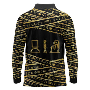 Egyptian God Ptah Long Sleeve Polo Shirt Gold Mummy Wrap Hieroglyphics Patterns
