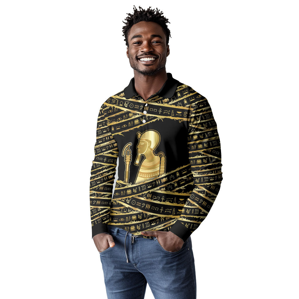 Egyptian God Ptah Long Sleeve Polo Shirt Gold Mummy Wrap Hieroglyphics Patterns