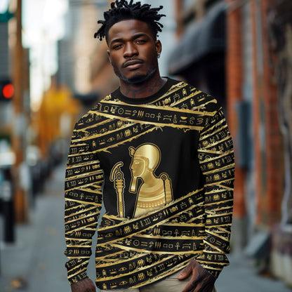 Egyptian God Ptah Long Sleeve Shirt Gold Mummy Wrap Hieroglyphics Patterns