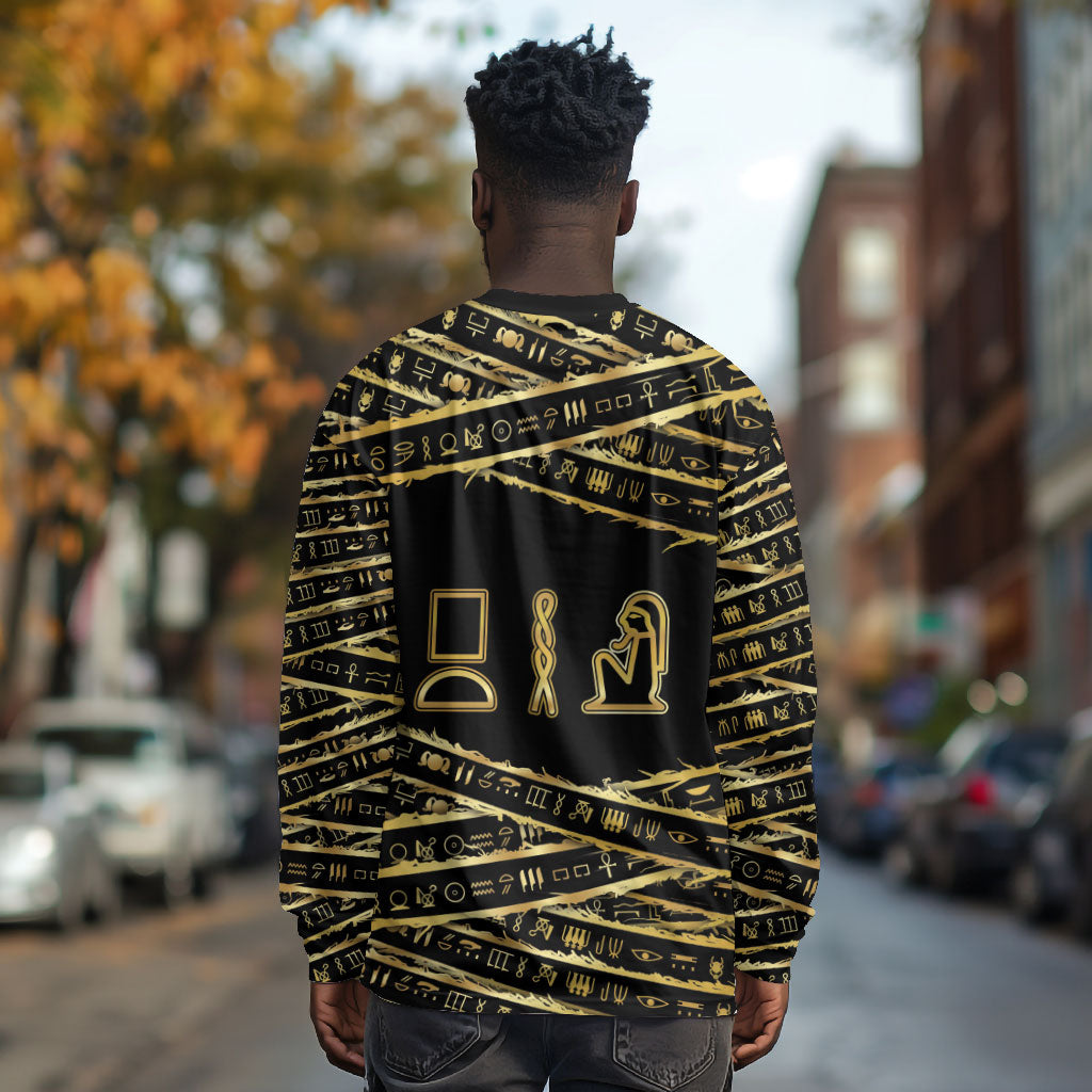 Egyptian God Ptah Long Sleeve Shirt Gold Mummy Wrap Hieroglyphics Patterns