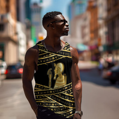 Egyptian God Ptah Men Tank Top Gold Mummy Wrap Hieroglyphics Patterns