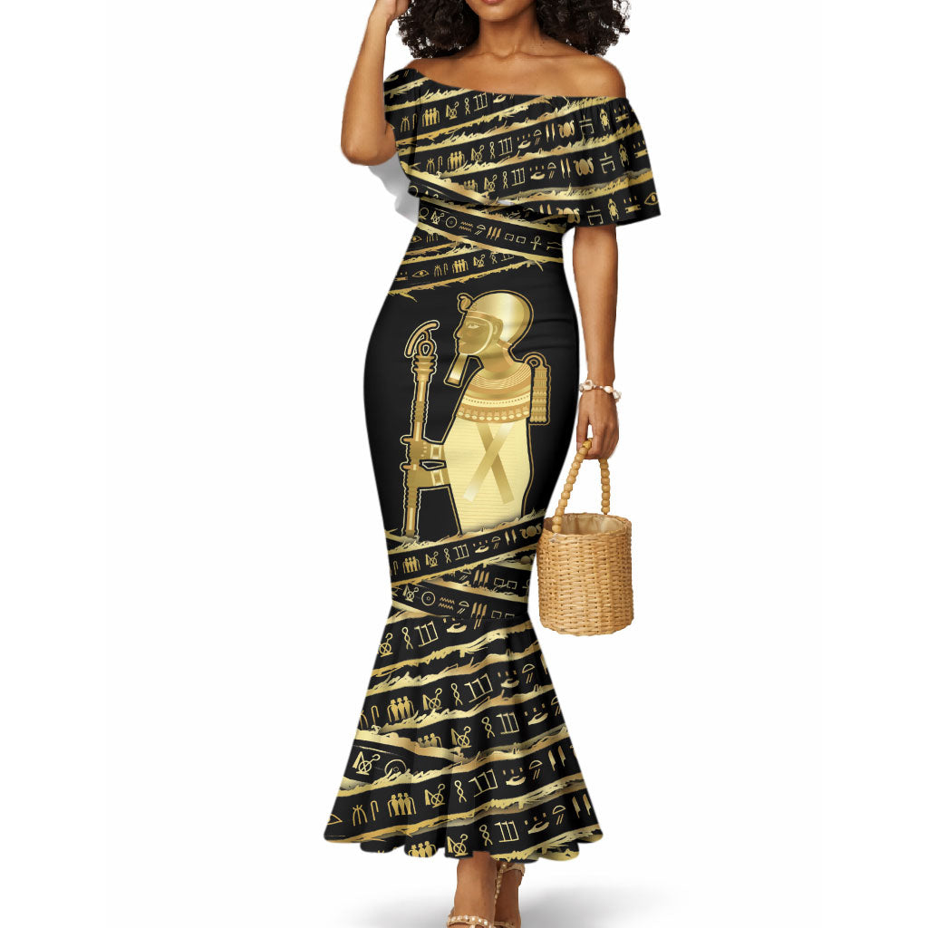 Egyptian God Ptah Mermaid Dress Gold Mummy Wrap Hieroglyphics Patterns