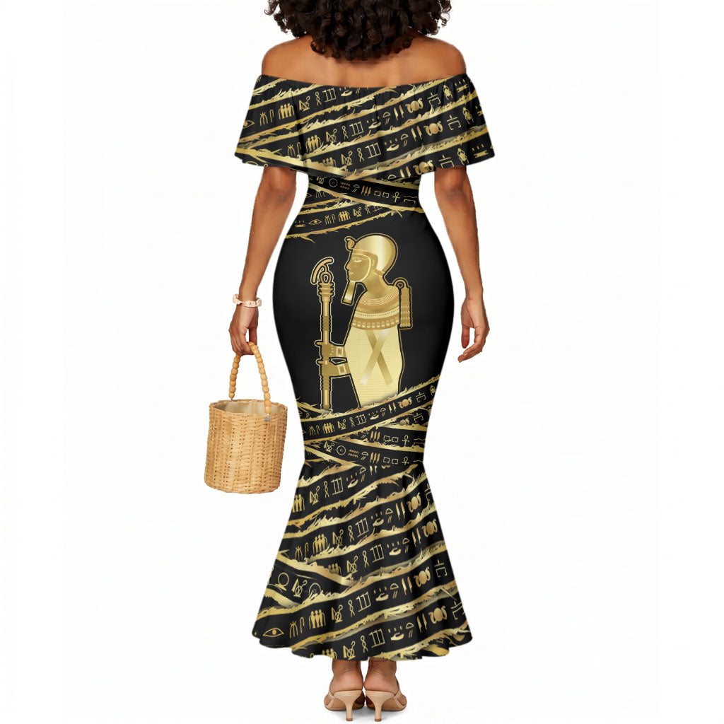 Egyptian God Ptah Mermaid Dress Gold Mummy Wrap Hieroglyphics Patterns