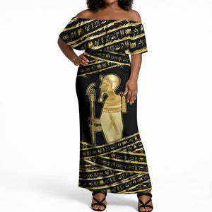 Egyptian God Ptah Off Shoulder Maxi Dress Gold Mummy Wrap Hieroglyphics Patterns