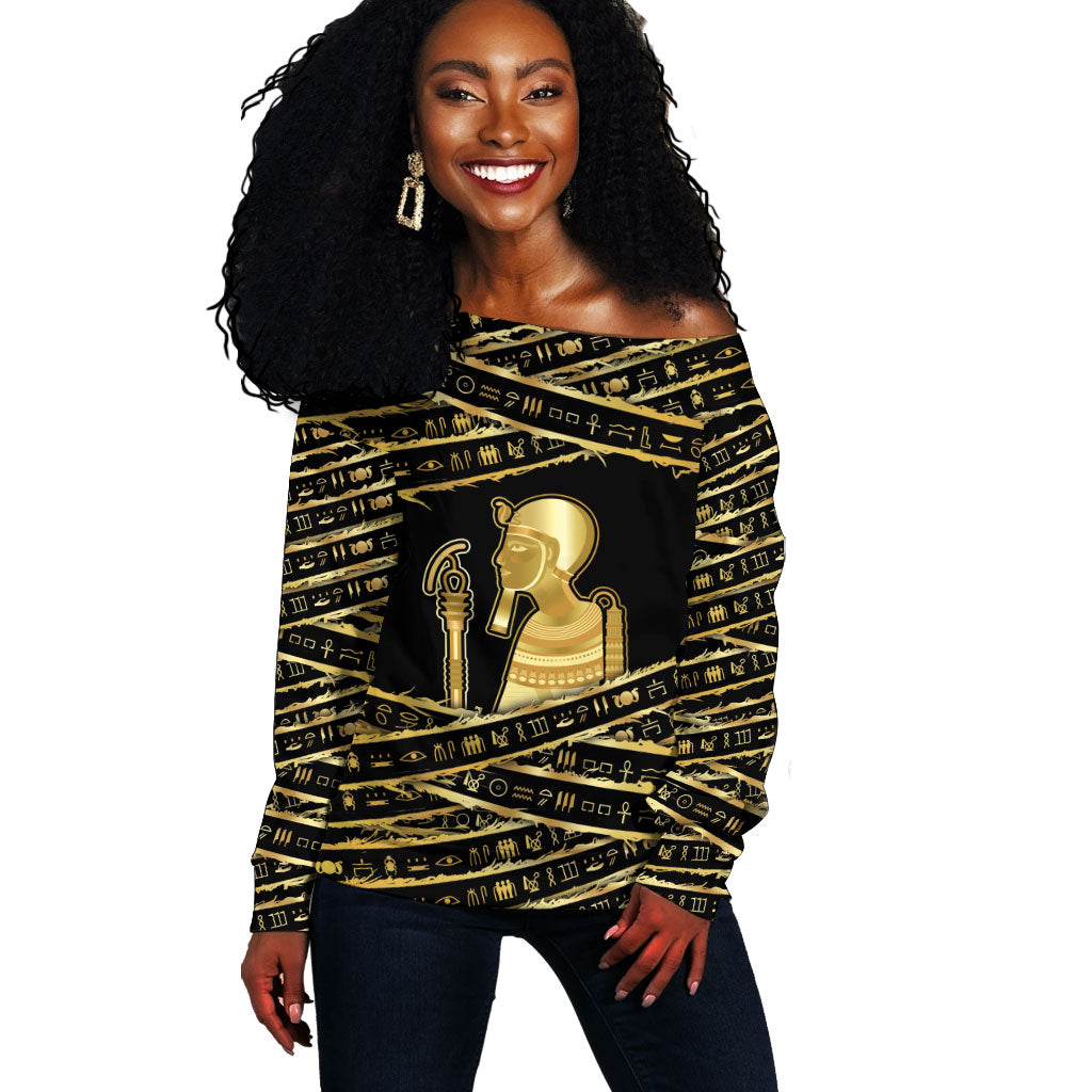 Egyptian God Ptah Off Shoulder Sweater Gold Mummy Wrap Hieroglyphics Patterns