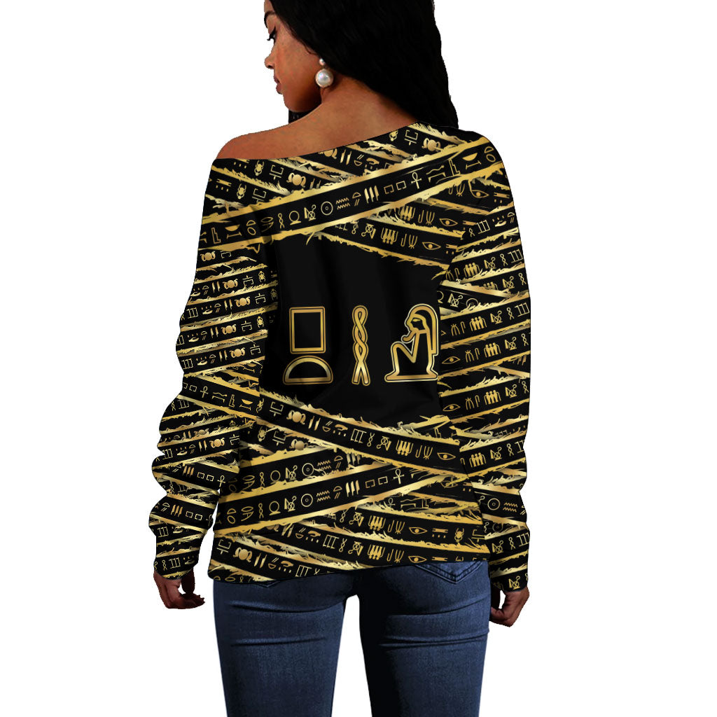 Egyptian God Ptah Off Shoulder Sweater Gold Mummy Wrap Hieroglyphics Patterns