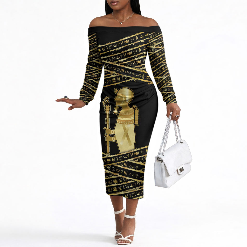 Egyptian God Ptah Off The Shoulder Long Sleeve Dress Gold Mummy Wrap Hieroglyphics Patterns