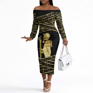 Egyptian God Ptah Off The Shoulder Long Sleeve Dress Gold Mummy Wrap Hieroglyphics Patterns