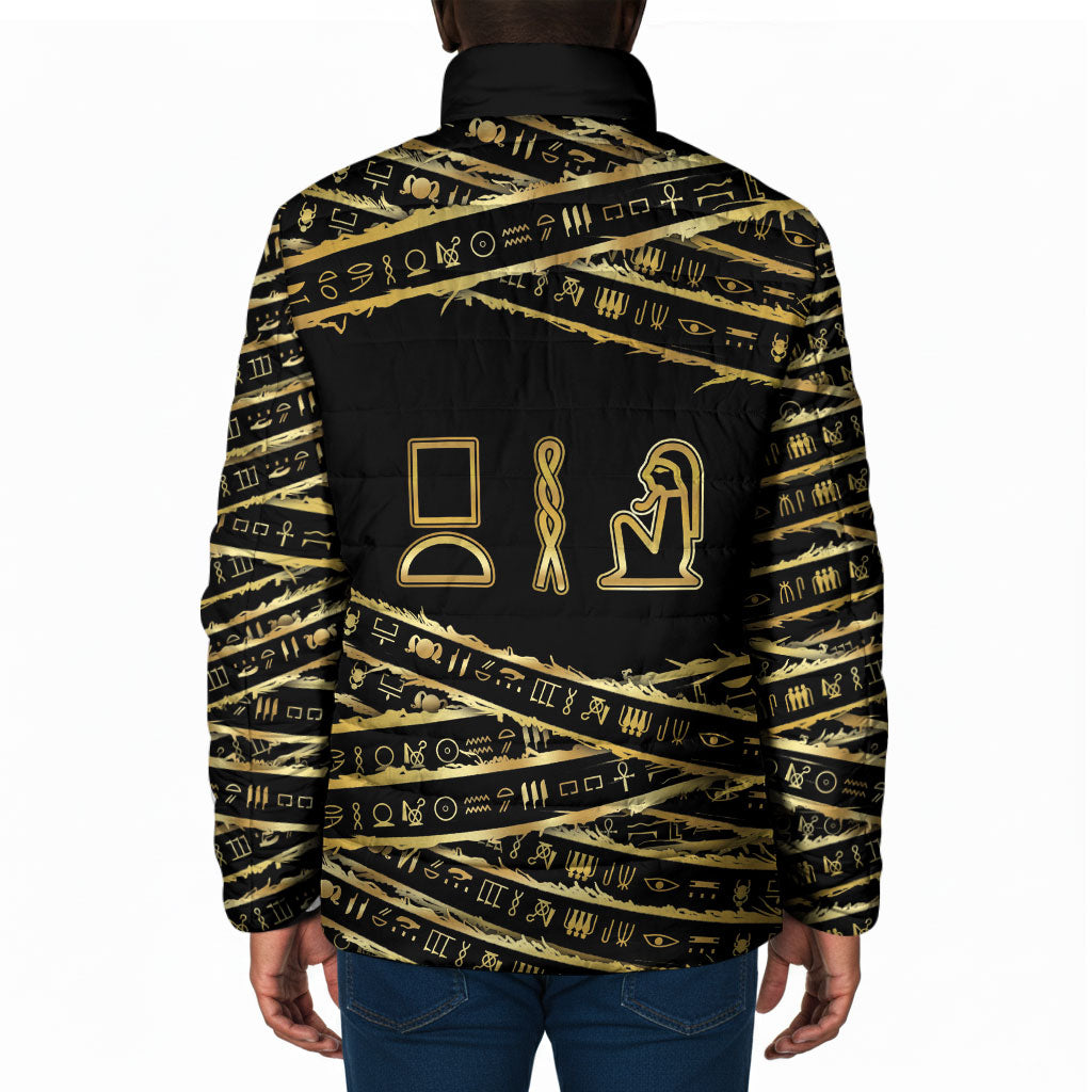 Egyptian God Ptah Padded Jacket Gold Mummy Wrap Hieroglyphics Patterns
