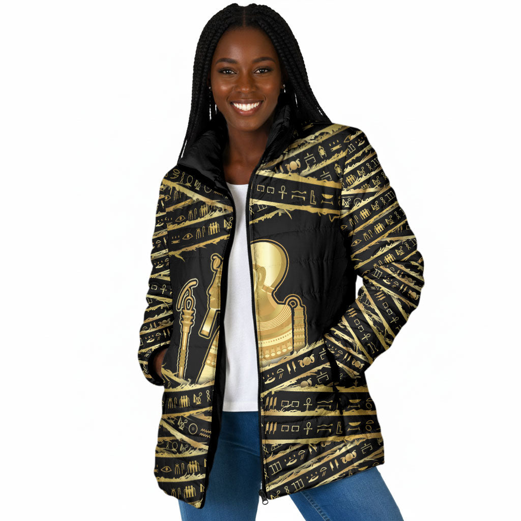 Egyptian God Ptah Padded Jacket Gold Mummy Wrap Hieroglyphics Patterns