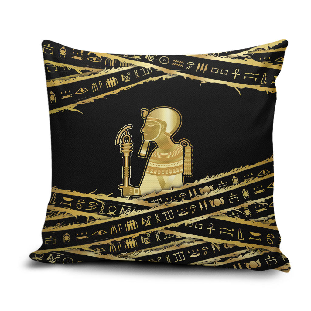Egyptian God Ptah Pillow Cover Gold Mummy Wrap Hieroglyphics Patterns