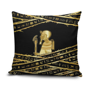 Egyptian God Ptah Pillow Cover Gold Mummy Wrap Hieroglyphics Patterns