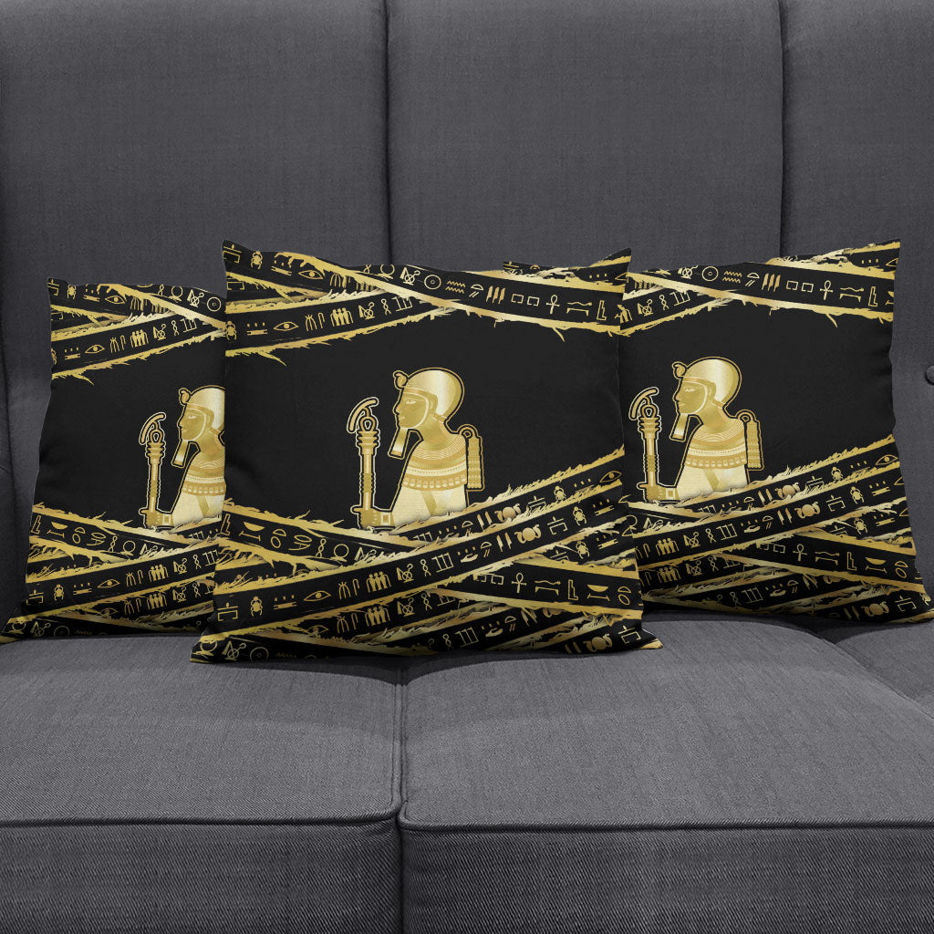 Egyptian God Ptah Pillow Cover Gold Mummy Wrap Hieroglyphics Patterns
