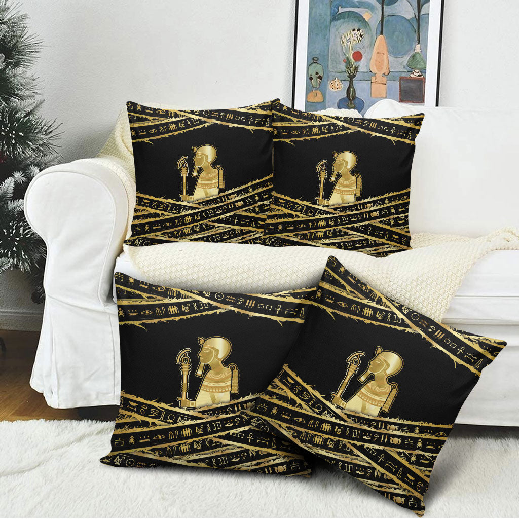 Egyptian God Ptah Pillow Cover Gold Mummy Wrap Hieroglyphics Patterns