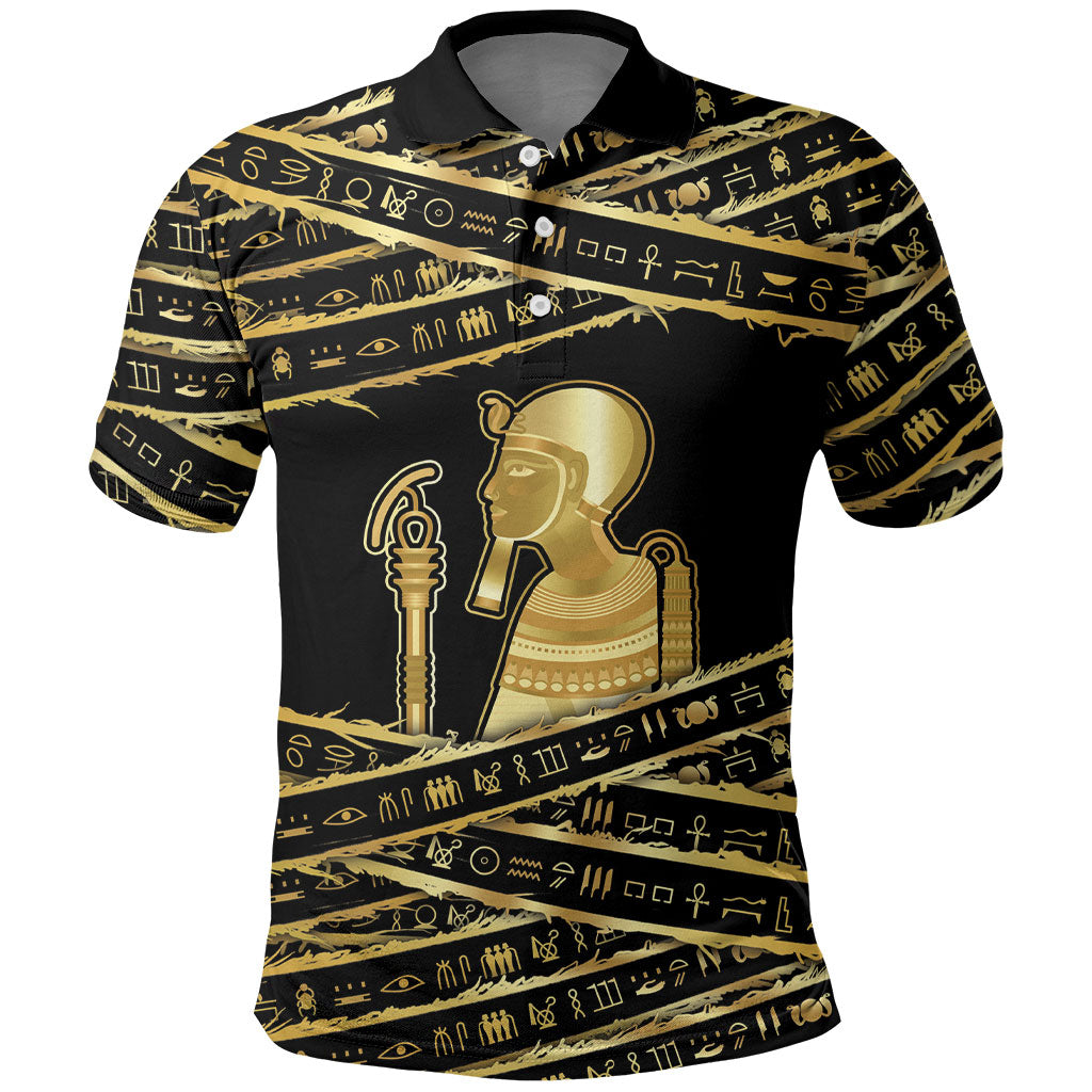 Egyptian God Ptah Polo Shirt Gold Mummy Wrap Hieroglyphics Patterns