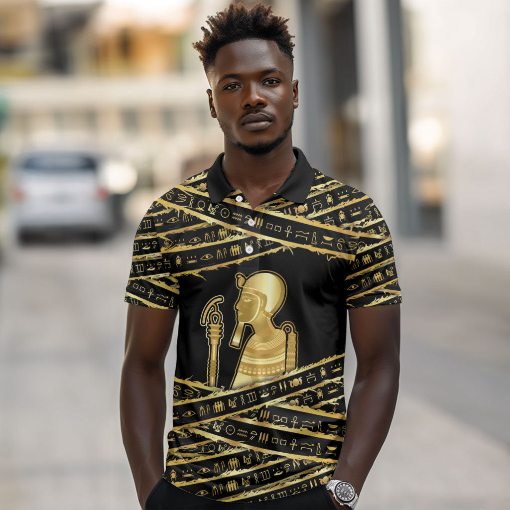 Egyptian God Ptah Polo Shirt Gold Mummy Wrap Hieroglyphics Patterns