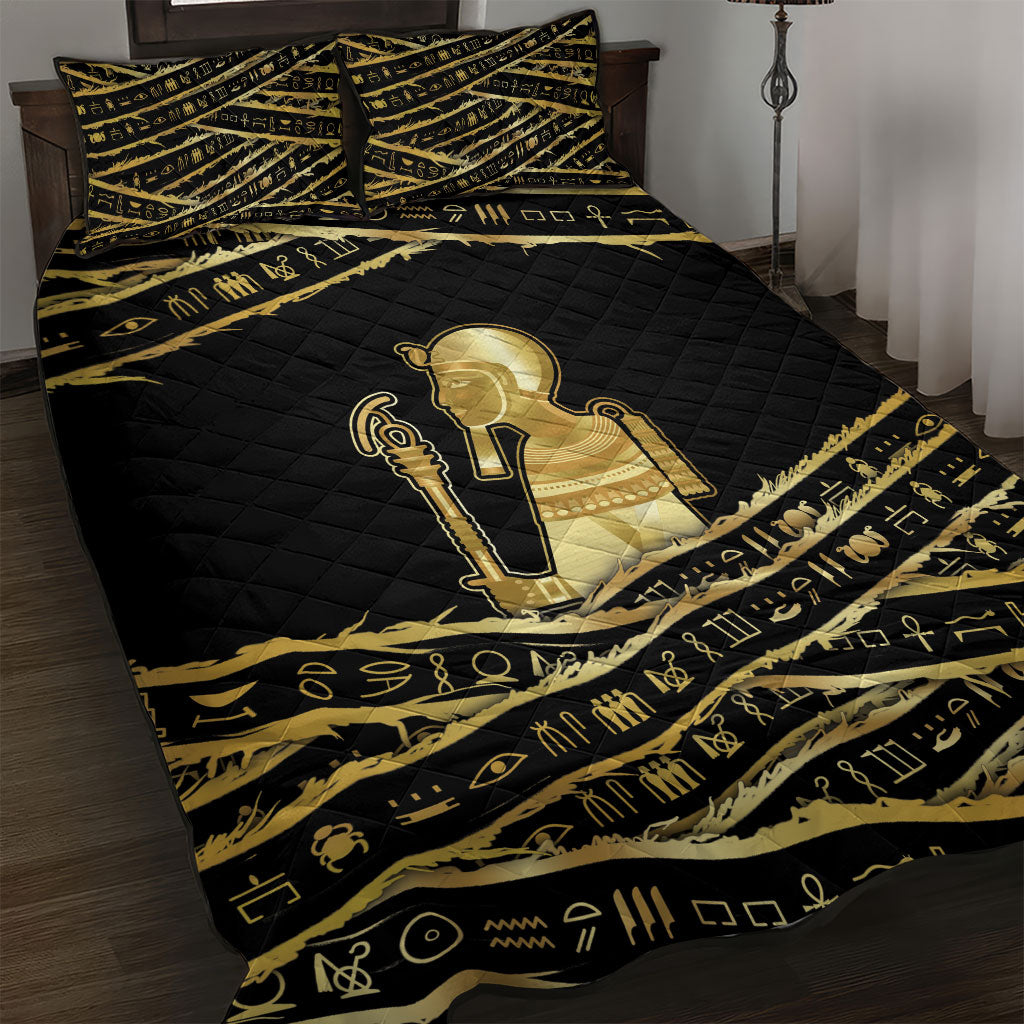 Egyptian God Ptah Quilt Bed Set Gold Mummy Wrap Hieroglyphics Patterns