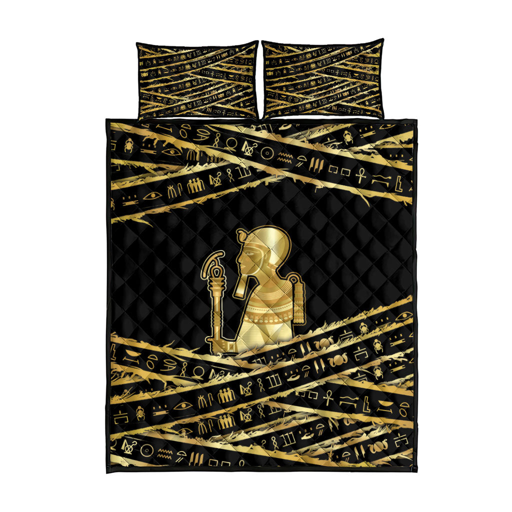 Egyptian God Ptah Quilt Bed Set Gold Mummy Wrap Hieroglyphics Patterns