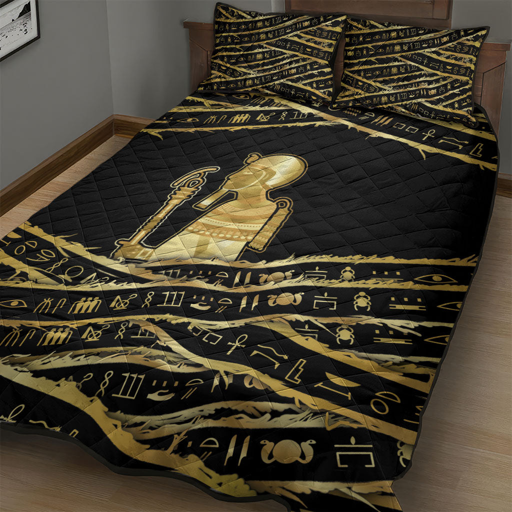 Egyptian God Ptah Quilt Bed Set Gold Mummy Wrap Hieroglyphics Patterns