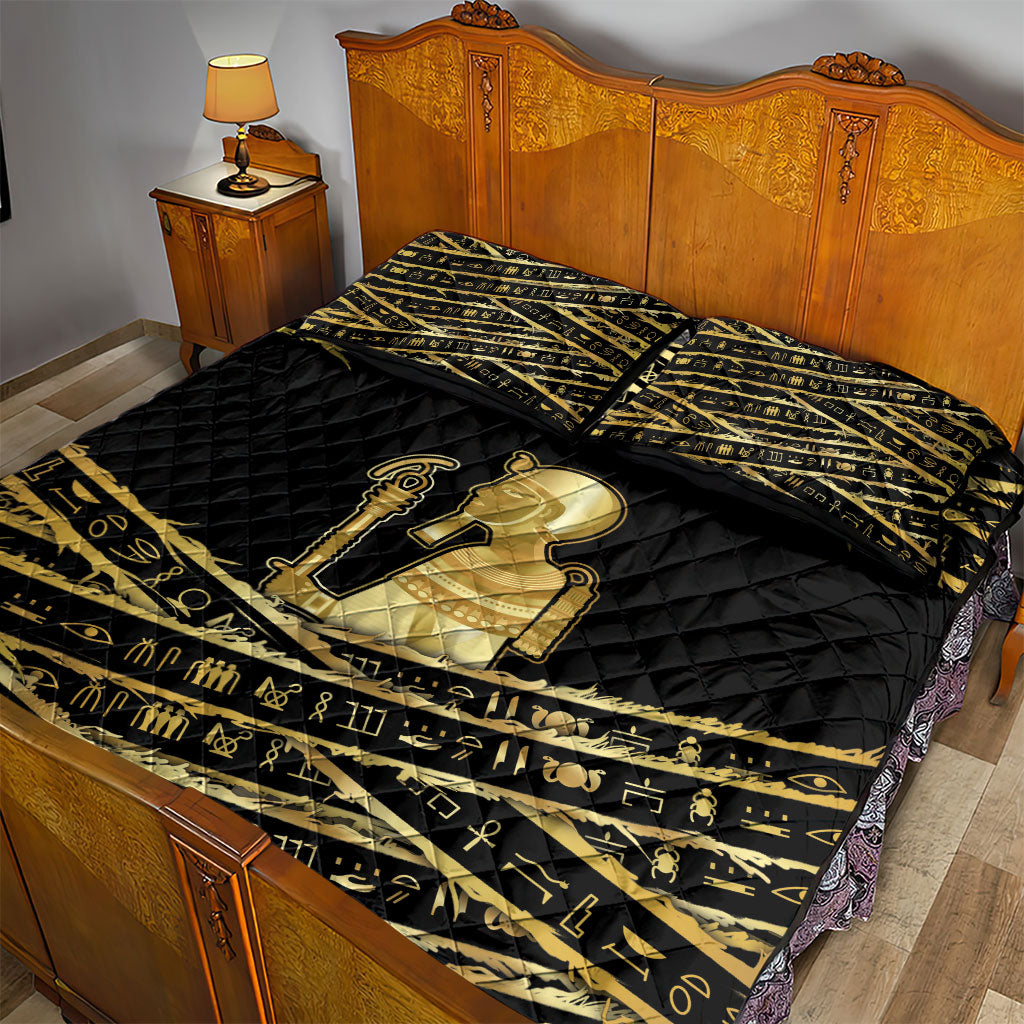 Egyptian God Ptah Quilt Bed Set Gold Mummy Wrap Hieroglyphics Patterns