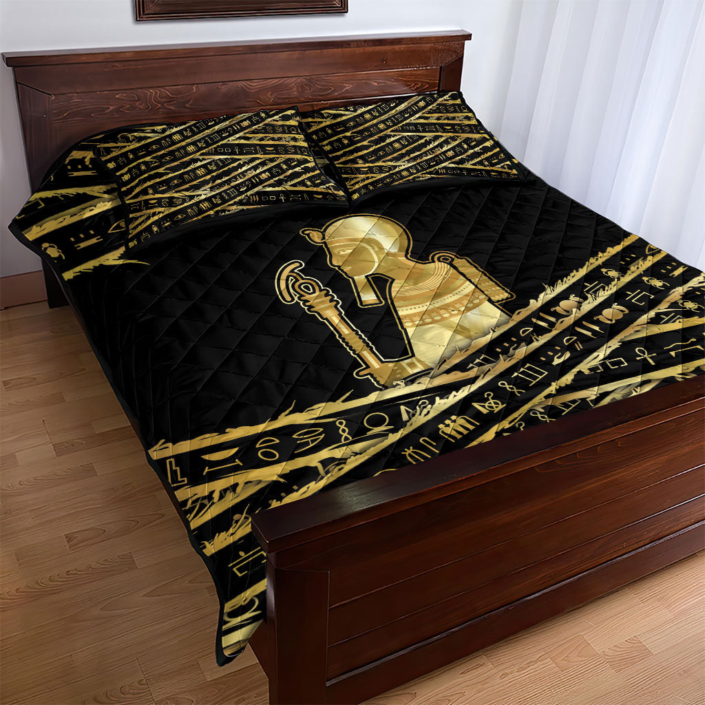 Egyptian God Ptah Quilt Bed Set Gold Mummy Wrap Hieroglyphics Patterns