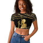 Egyptian God Ptah Raglan Cropped T shirt Gold Mummy Wrap Hieroglyphics Patterns